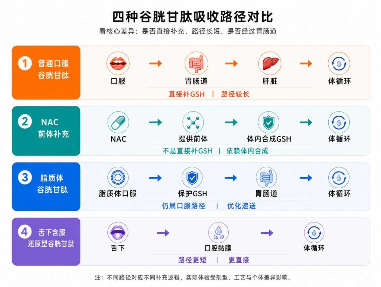 四种谷胱甘肽吸收路径对比