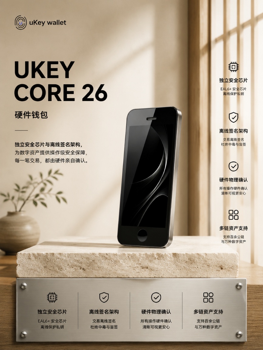 UKey Core 26 Ӳ����Ǯ����Ʒ������չʾ�����豸��������ȫоƬ������ǩ�����豸��ȷ�ϵ�Ʒ�ƹ�������