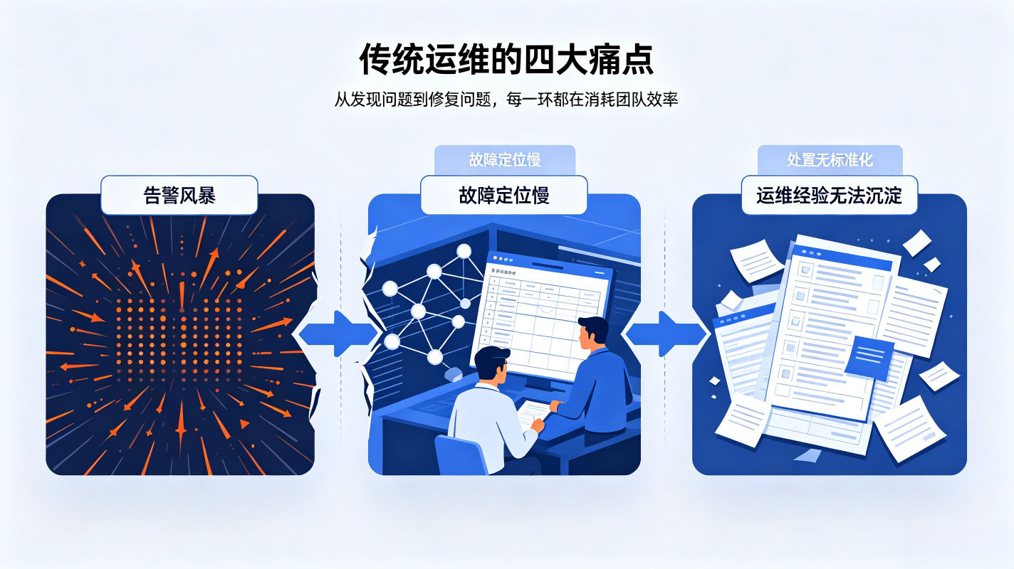传统运维的四大痛点（告警风暴、故障定位慢、处置无标准化、运维经验无法沉淀） (2)