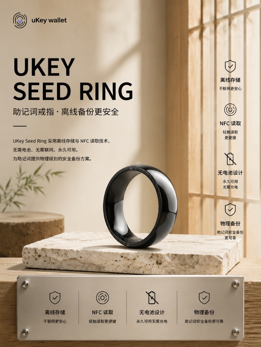 UKey Seed Ring �ɴ��� NFC ���Ǵʱ��ݽ�ָ��Ʒ������չʾ�޵�ء����߻ָ����ճ������̬