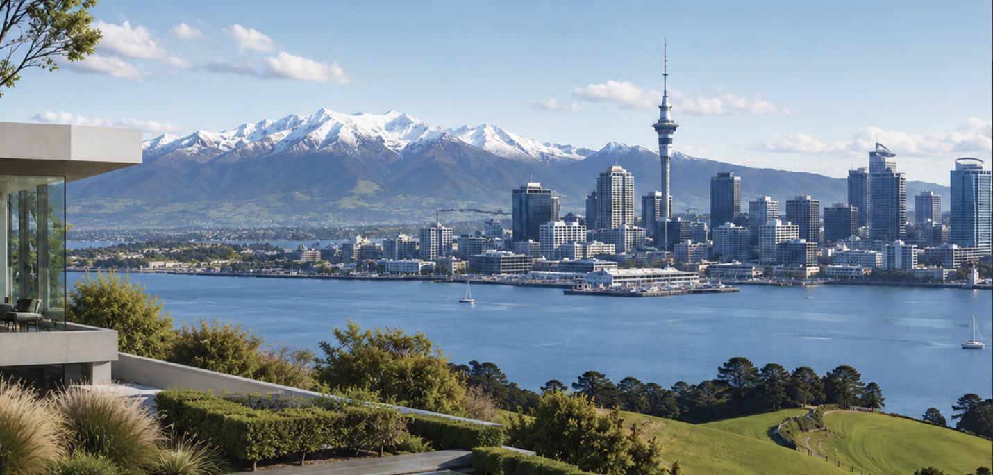 The image depicts a picturesque city skyline with a prominent mountain range in the background, featuring a mix of modern buildings, a tall tower, and a serene waterfront with well-maintained gardens.AI-generated content may be incorrect.